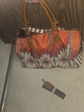 Montana West Orange Aztec-Pattern Weekender Tote with Tan Handles
